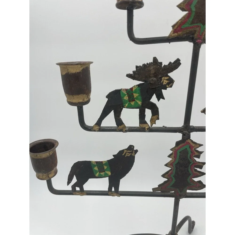 Vtg Handpainted Rustic Cabin Folk Art‎ 7 Taper Candelabra Wildlife Animals